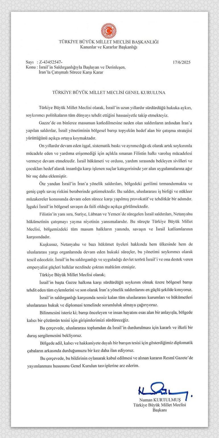 6851b5f9567d25582213b5b3 İsrail-İran tezkeresi Meclis'te kabul edildi! 'En güçlü şekilde kınıyoruz'