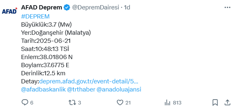 Son dakika: Malatya Doğanşehir’de 3.7 büyüklüğünde deprem
