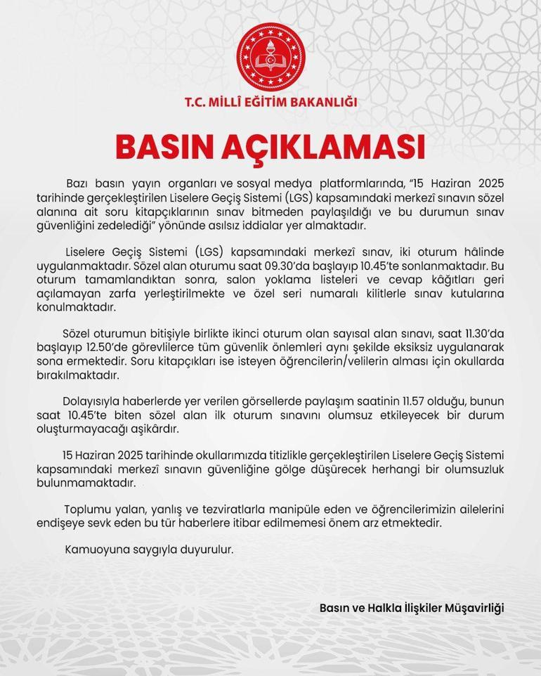LGSde soru sızdırma iddialarına Bakanlıktan yanıt: Sınav güvenliği zedelenmedi