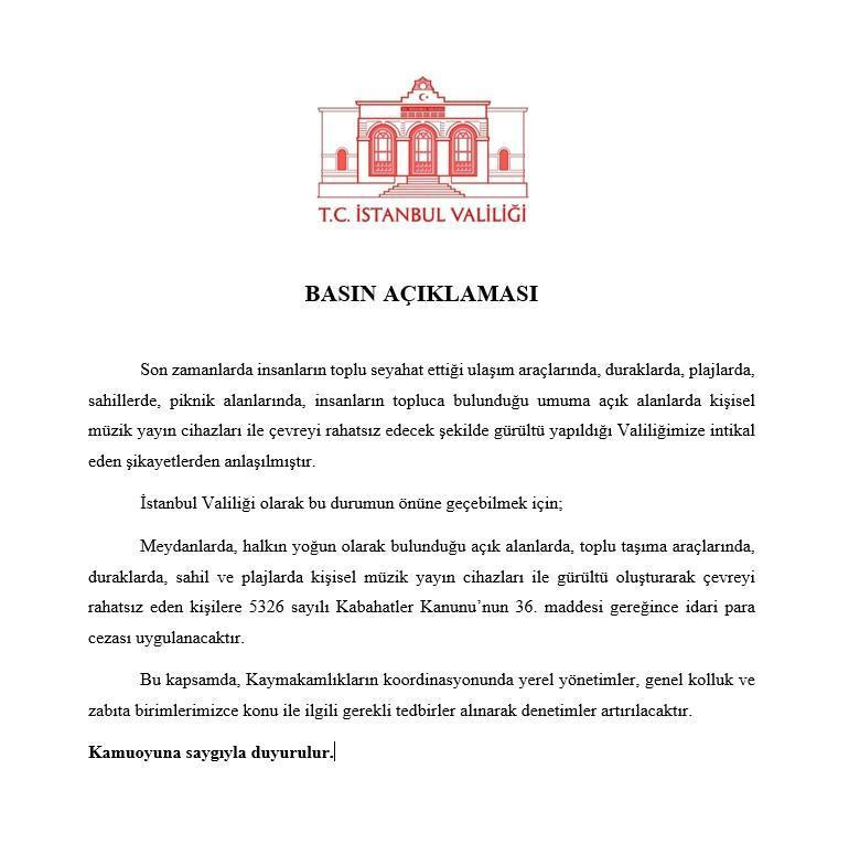 İstanbul Valiliği’nden yüksek sesli müzik uyarısı: Kurallara uymayanlara para cezası