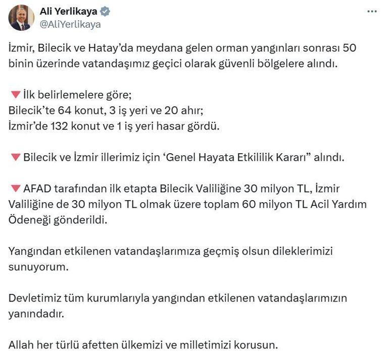 3 ilde orman yangın Bakan Yerlikaya: 50 kişi güvenli bölgeye alındı