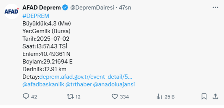 Son dakika... Bursada 4.3lük deprem Sarsıntı İstanbulda da hissedildi AFAD verileri paylaştı