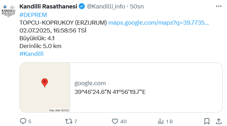 Erzurumda 4.1 büyüklüğünde deprem