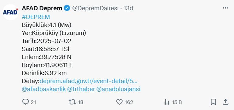 Erzurumda 4.1 büyüklüğünde deprem