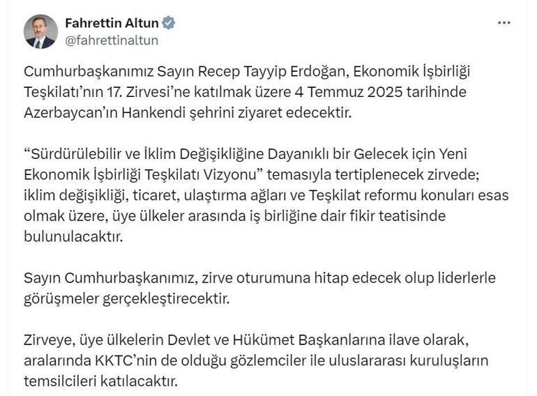Cumhurbaşkanı Erdoğan, yarın Azerbaycana gidecek