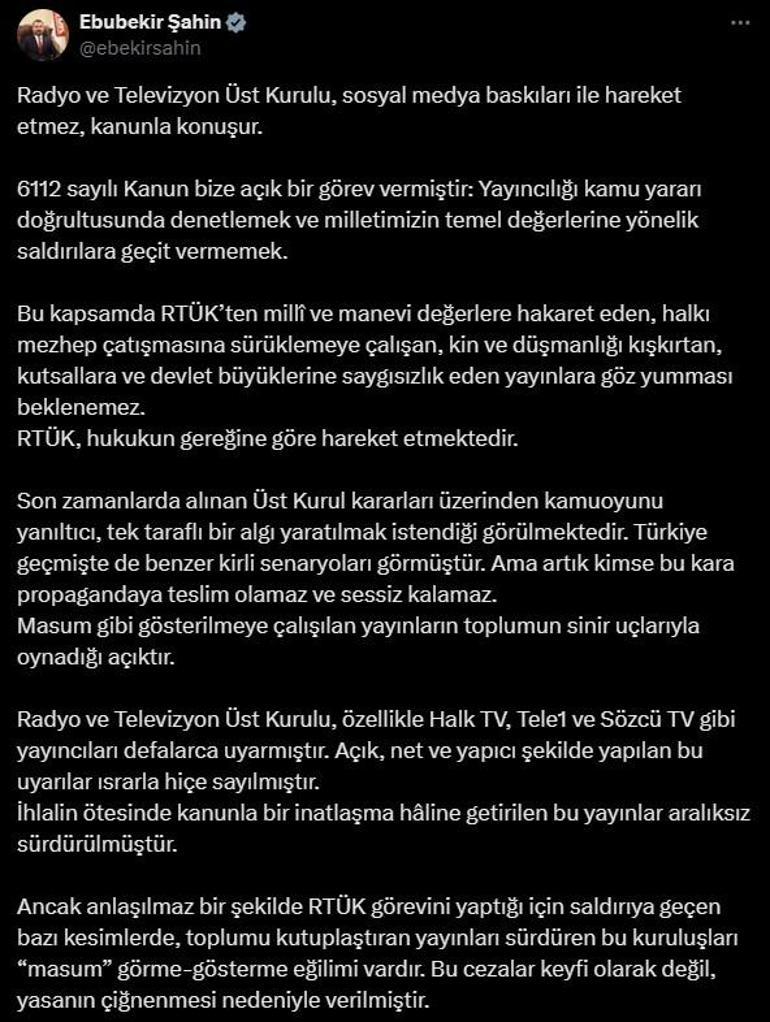 RTÜK Başkanı Şahin: RTÜK, sosyal medya baskıları ile hareket etmez