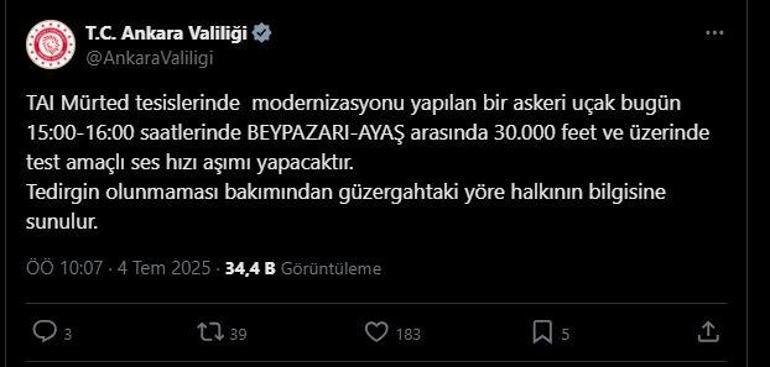 Ankara Valiliğinden test uçuşu uyarısı: Tedirgin olmayın