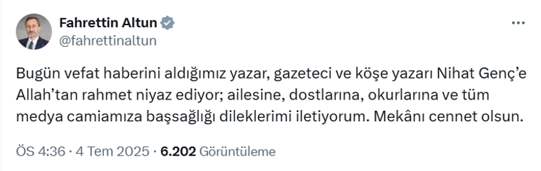 6867db27407805e46c037d7f Son dakika: Gazeteci Nihat Genç hayatını kaybetti