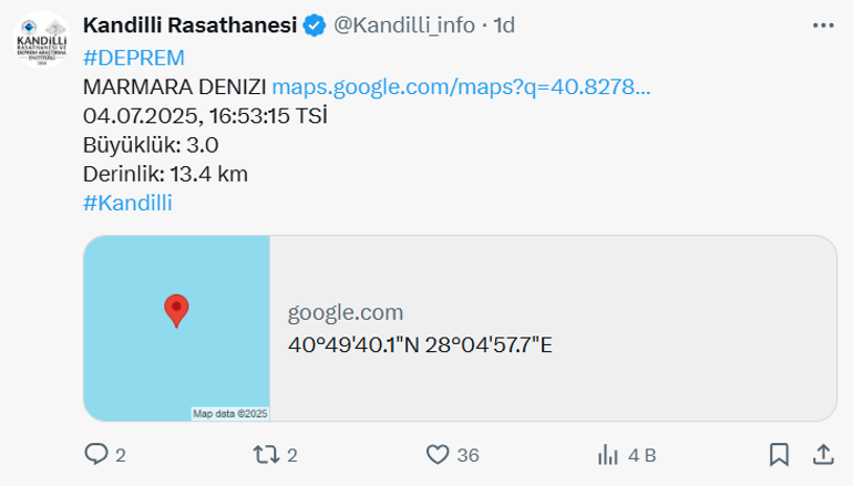 Marmarada deprem oldu