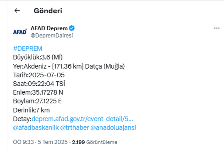 Akdenizde 3.6 büyüklüğünde deprem