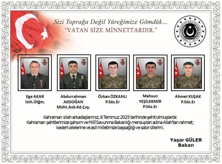 Pençe Kilit bölgesinde metan gazından şehit olan askerlerimizin sayısı 8e yükseldi