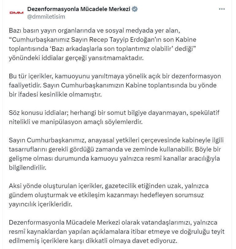 DMMden son Kabine Toplantısıyla ilgili iddialara ilişkin açıklama