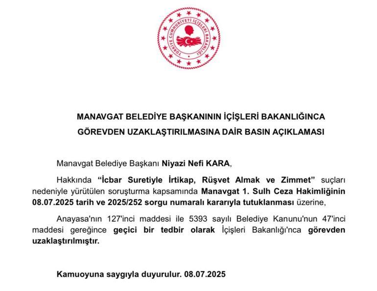 Manavgat Belediye Başkanı Niyazi Nefi Kara görevden uzaklaştırıldı