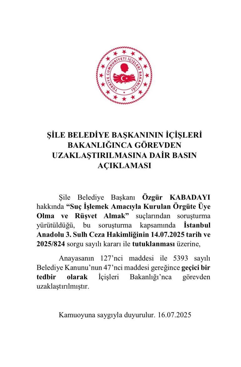 Son dakika... Şile Belediye Başkanı Özgür Kabadayı görevden uzaklaştırıldı