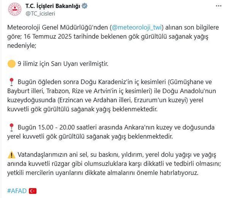 6877a68dd13a6e6d2d96baa0 İçişleri Bakanlığı'ndan 9 il için sarı uyarı! Sağanak, dolu, yıldırım ve sel riski kapıda