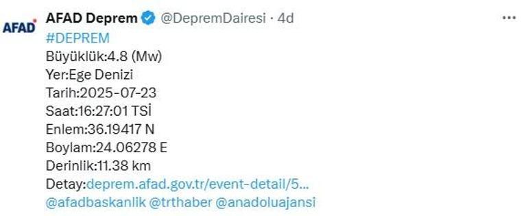6880e813280d2d4b642c6dbe Son dakika: Ege Denizi'nde 4.8 büyüklüğünde deprem