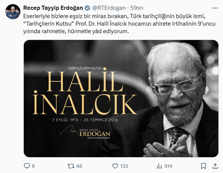 Cumhurbaşkanı Erdoğan, Halil İnalcık’ı vefatının 9. yılında andı