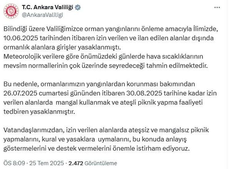 6883c579ba1ad627b368f454 Ankara Valiliği, 30 Ağustos’a kadar ateşli piknik faaliyetlerini yasakladı