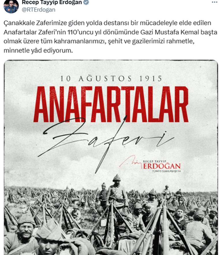 Cumhurbaşkanı Erdoğan’dan Anafartalar Zaferi mesajı