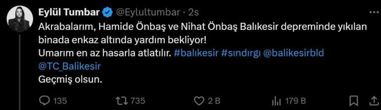 Die Schauspielerin Eylül Tumbar teilte die traurige Nachricht mit, dass ihr Onkel bei dem Erdbeben in Balıkesir ums Leben gekommen sei.
