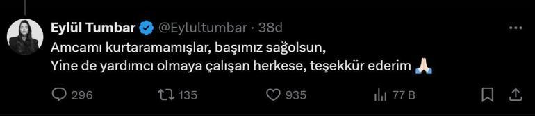 Die Schauspielerin Eylül Tumbar teilte die traurige Nachricht mit, dass ihr Onkel bei dem Erdbeben in Balıkesir ums Leben gekommen sei.