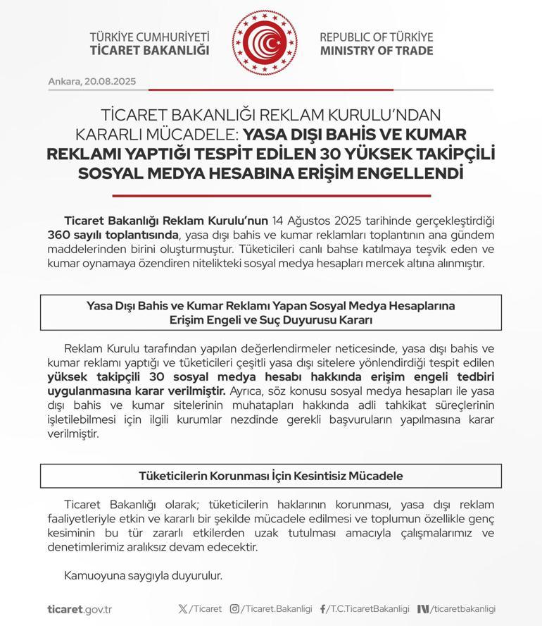 Ticaret Bakanlığından 30 yüksek takipçili sosyal medya hesabına erişim engeli