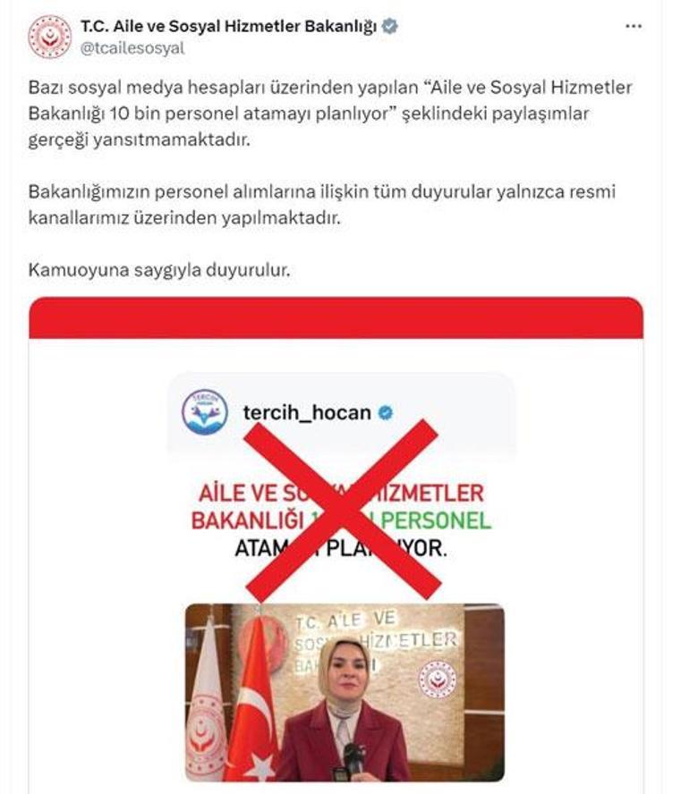 68ab2bd1040a7ce46db49e36 Aile ve Sosyal Hizmetler Bakanlığı'ndan '10 bin personel ataması' iddiasına yalanlama