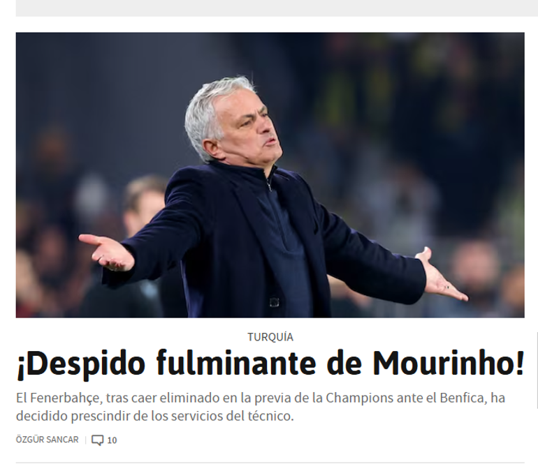Dünya basınında Jose Mourinho ayrılığı gündem oldu: Artık Özel olmayan teknik adamın batışı