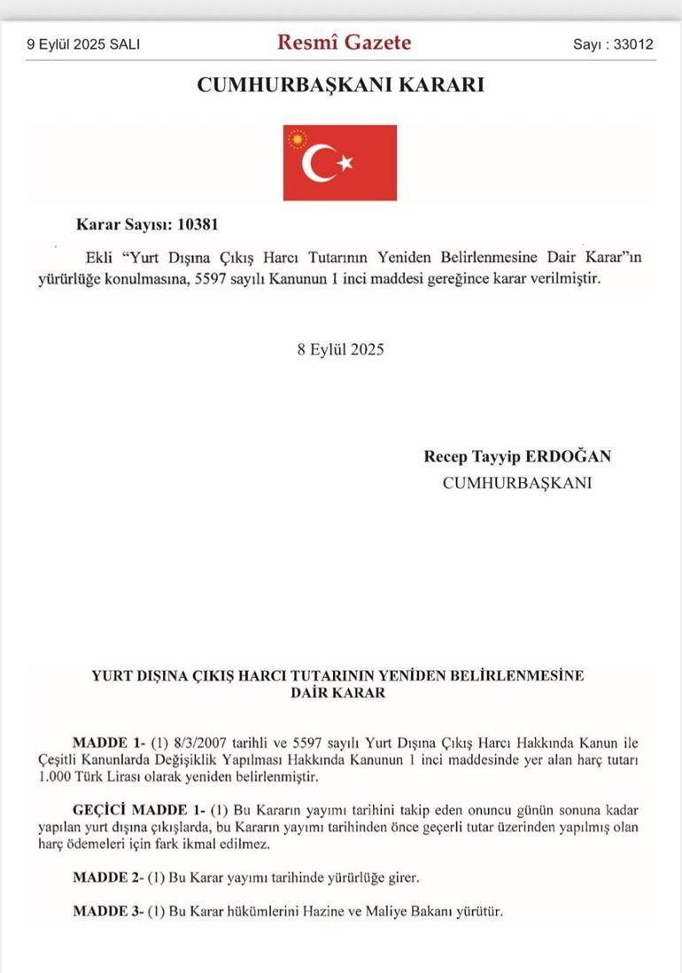 68bf46303272e7f520f02988 Resmi Gazete'de yayımlandı! Yurtdışına çıkış harcı arttı