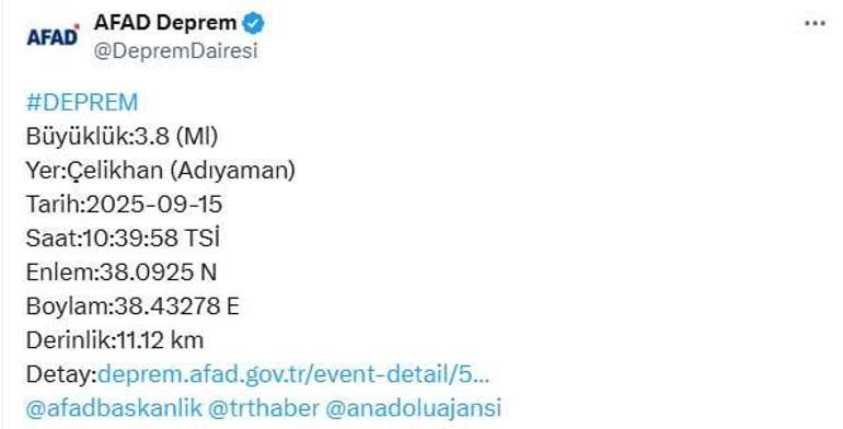 Son dakika... AFAD duyurdu Adıyamanda deprem