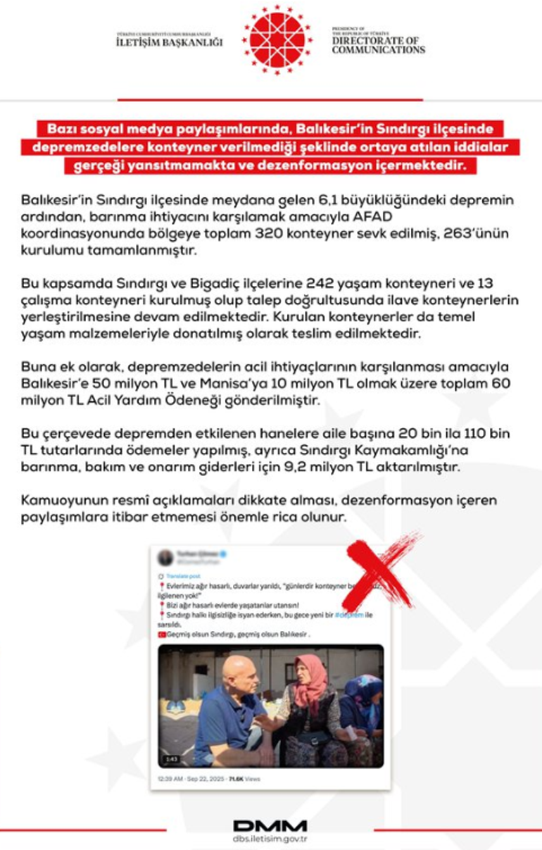 Dezenformasyonla Mücadele Merkezi’nden Sındırgı açıklaması