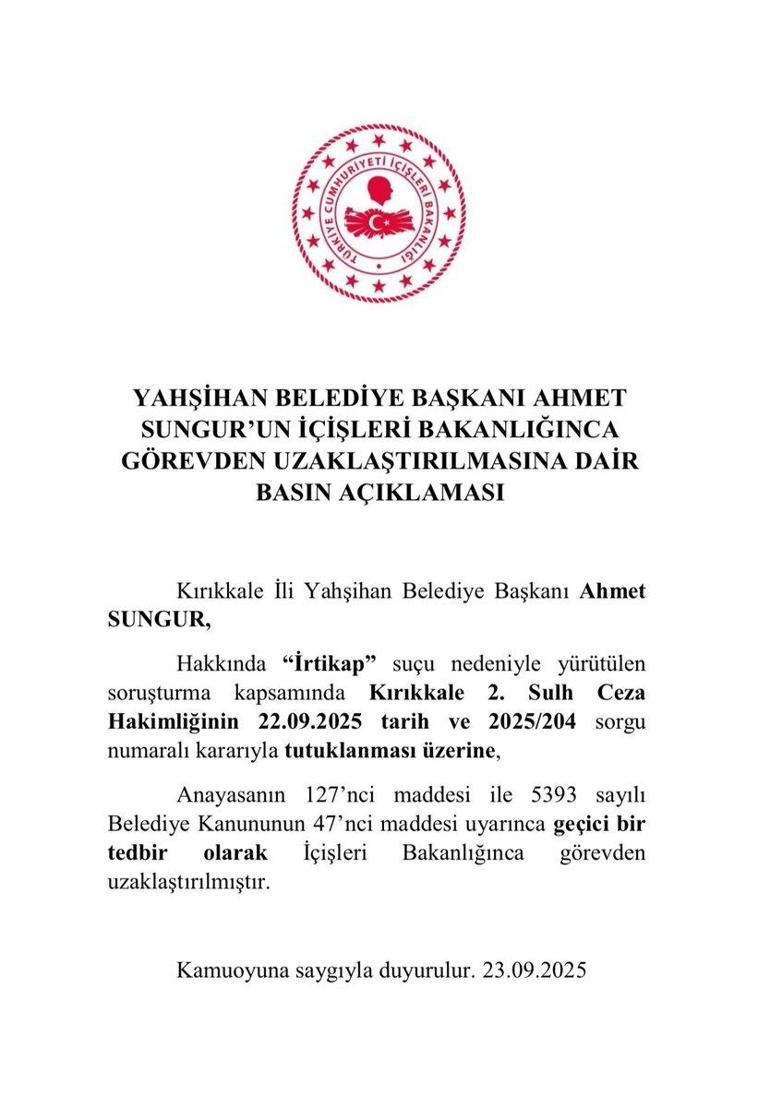 Yahşihan Belediye Başkanı Ahmet Sungur görevden uzaklaştırıldı