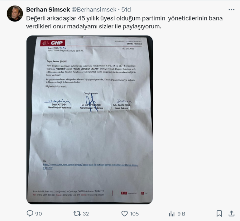 Son dakika... CHP, Berhan Şimşek’i disipline sevk etti