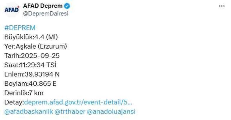 AFAD duyurdu Erzurumda 4.4 büyüklüğünde deprem