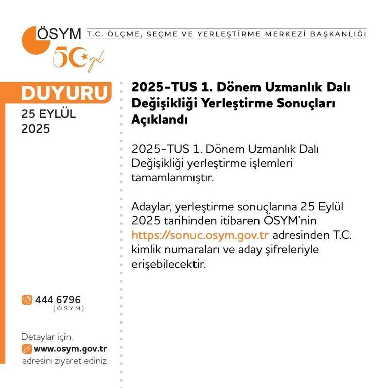 TUS 1. dönem uzmanlık dalı değişikliği yerleştirme sonuçları açıklandı