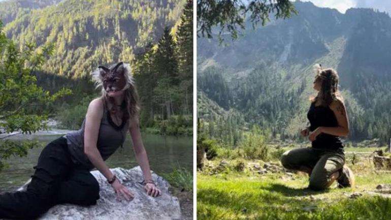 Kilo verdiren dört ayak yöntemi Hayvan maskesi ve kuyruk takıp dağa tırmanıyor