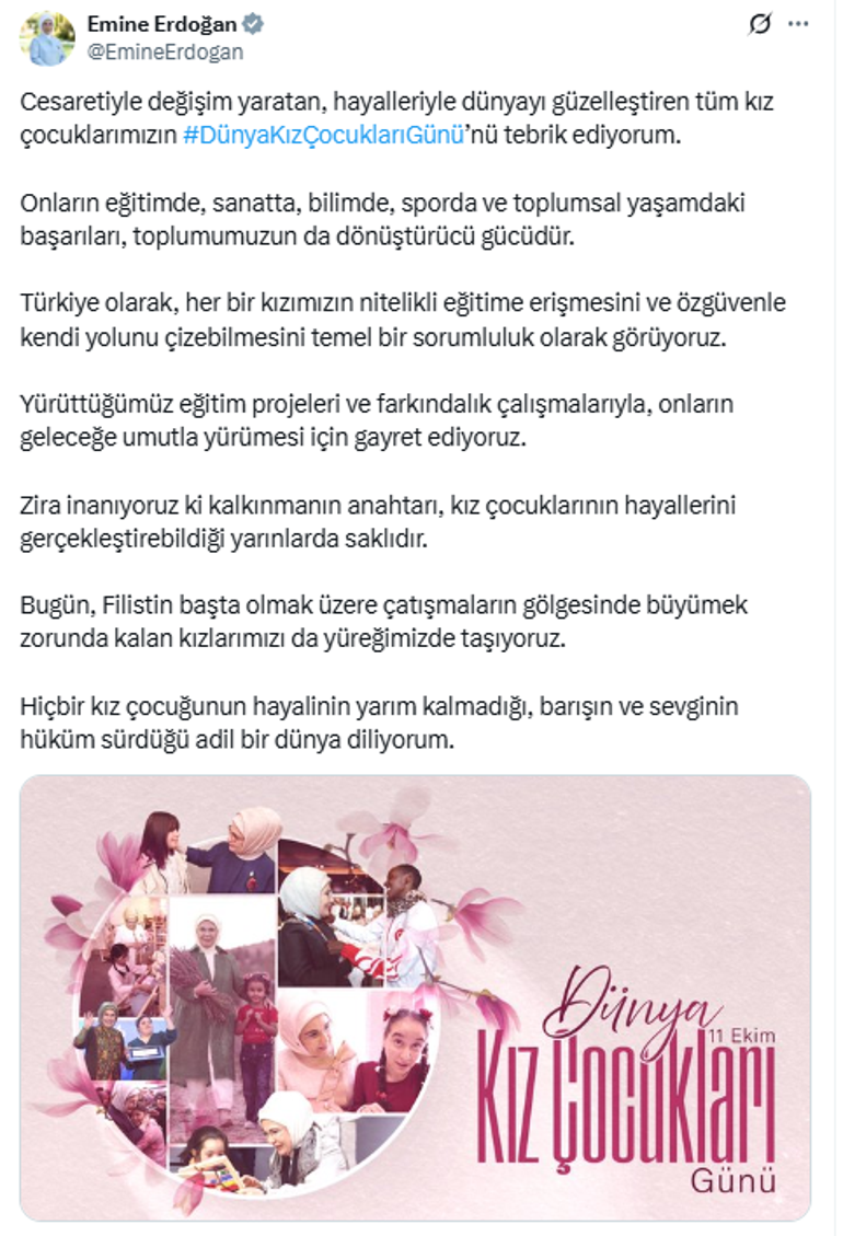 Emine Erdoğandan 11 Ekim Dünya Kız Çocukları Günü mesajı