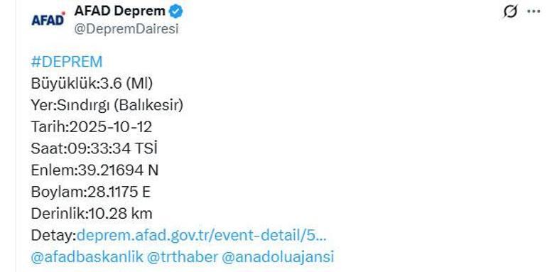 Son dakika... Balıkesirde 3.6 büyüklüğünde deprem
