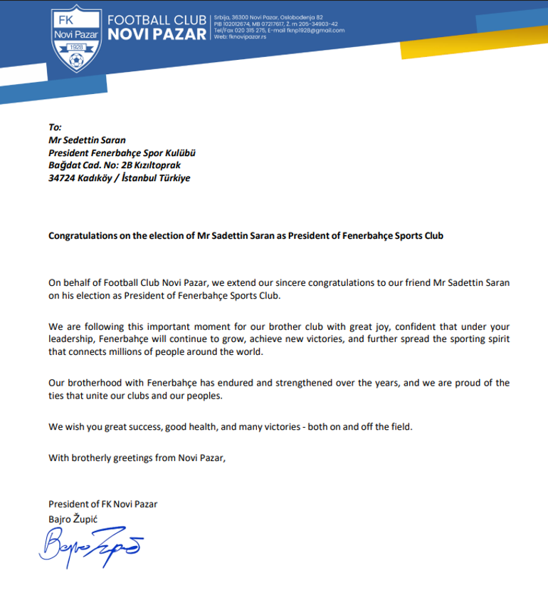 Novi Pazardan Sadettin Sarana tebrik mektubu