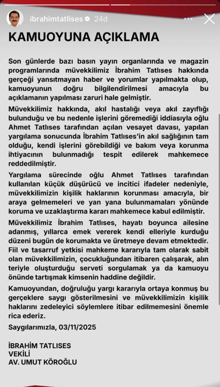 Akıl sağlığı tartışmaları Baba oğul mahkemelik oldu: İbrahim Tatlısesten açıklama