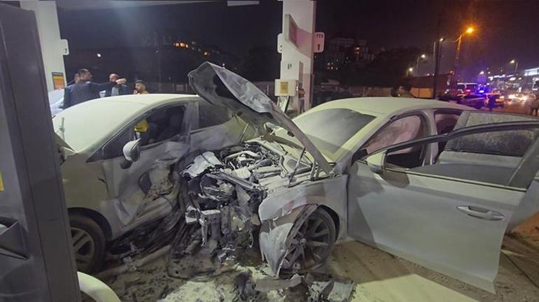 Çekmeköyde faciadan dönüldü Otomobil akaryakıt istasyonuna daldı, yangın çıktı