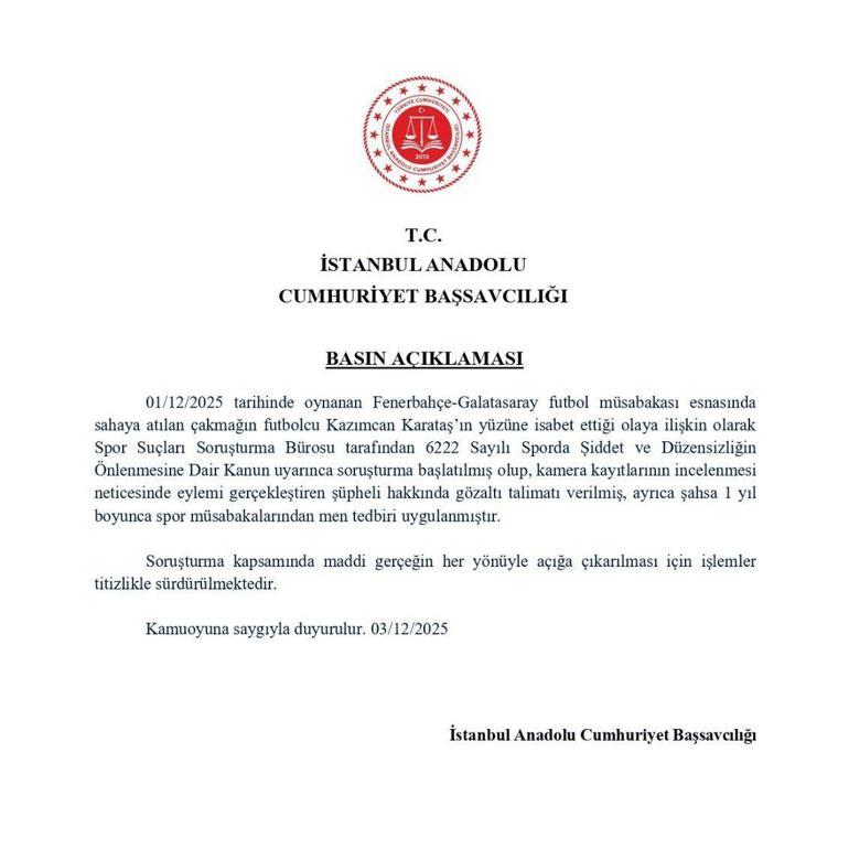 İstanbul Cumhuriyet Başsavcılığından Kazımcan Karataş açıklaması Taraftara 1 yıl men cezası
