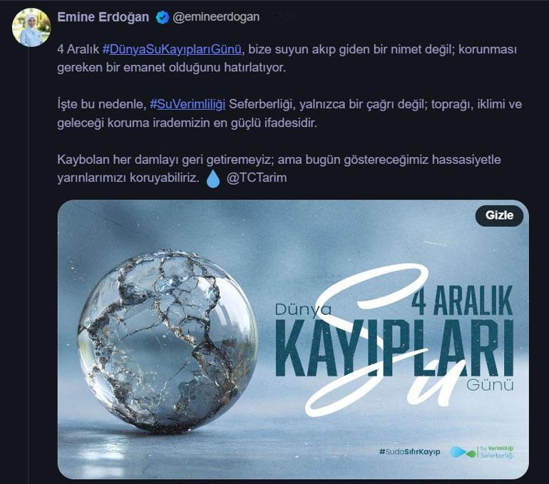 Emine Erdoğandan 4 Aralık Dünya Su Kayıpları Günü paylaşımı