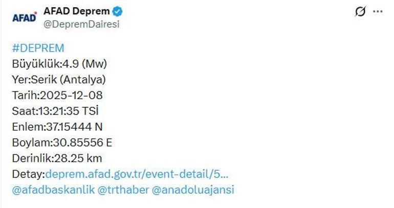 Son dakika... Antalyada 4.9 büyüklüğünde deprem Çevre illerde de hissedildi