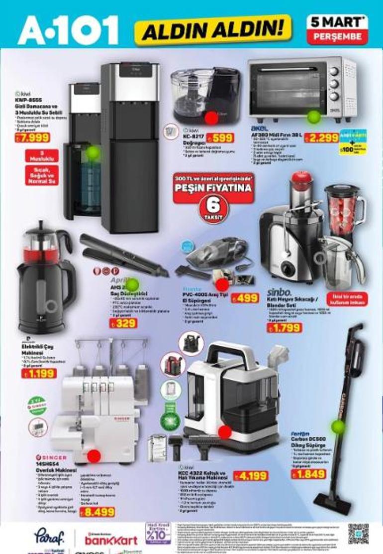 YENİ A101 AKTÜEL 5 MART 2026 PERŞEMBE: A101 aktüel kataloğunda bu hafta hangi ürünler satışa çıkacak Onvo Televizyon, Kiwi Halı Yıkama Makinesi, Singer Overlok Makinesi, 125 CC Benzinli Motosiklet...