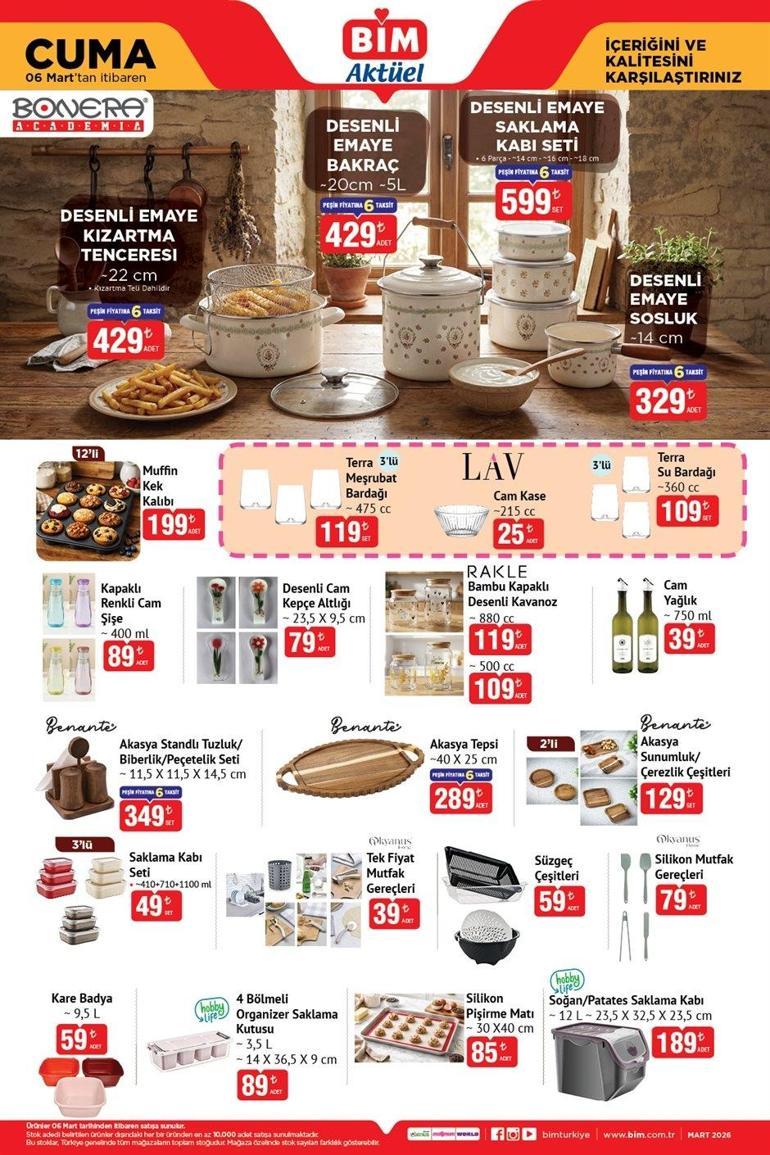 HAFTANIN SON BİM KATALOĞU SATIŞTA BİM 6 Mart Cuma aktüel kataloğunda hangi ürünler satışa sunuldu Wag Maşası, Smart Tartı, Kaş Düzeltici, 3lü Cam Kase, 6+1 Pasta Servis Seti, 2li Kahve Fincan Takımı...