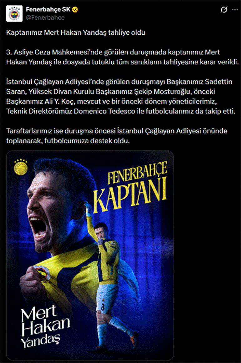 Futbolda bahis soruşturması davasında tahliye olan Mert Hakan Yandaş için Fenerbahçeden açıklama