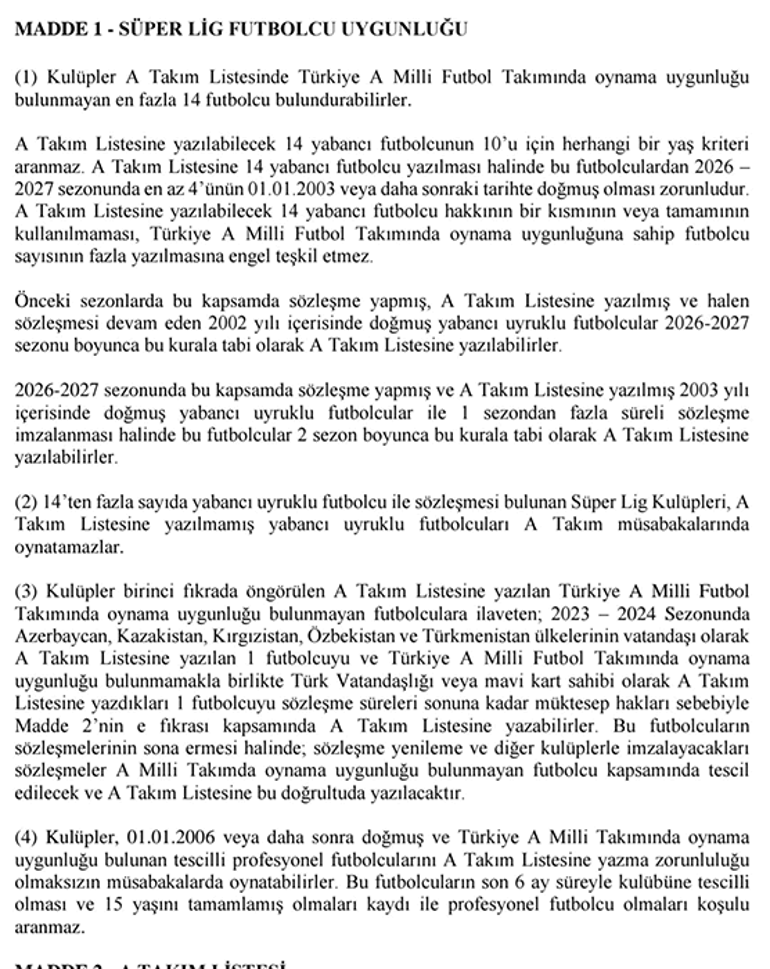 TFF yabancı kuralını resmen duyurdu