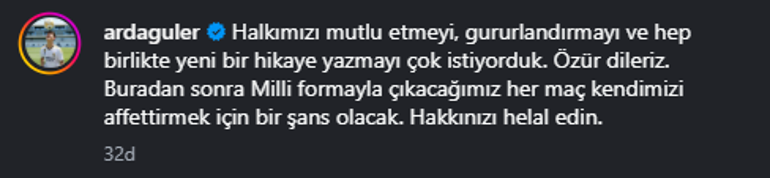 A Milli Takımda Arda Gülerden paylaşım Özür dileriz