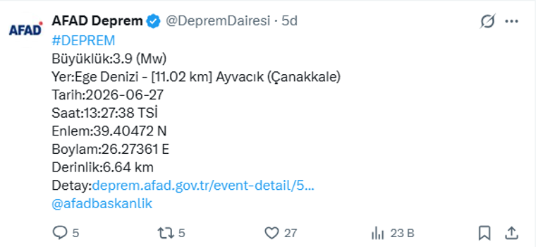 6a3fa8632b0df0676c8fd57d AFAD açıkladı! Çanakkale'de 3.9 şiddetinde deprem